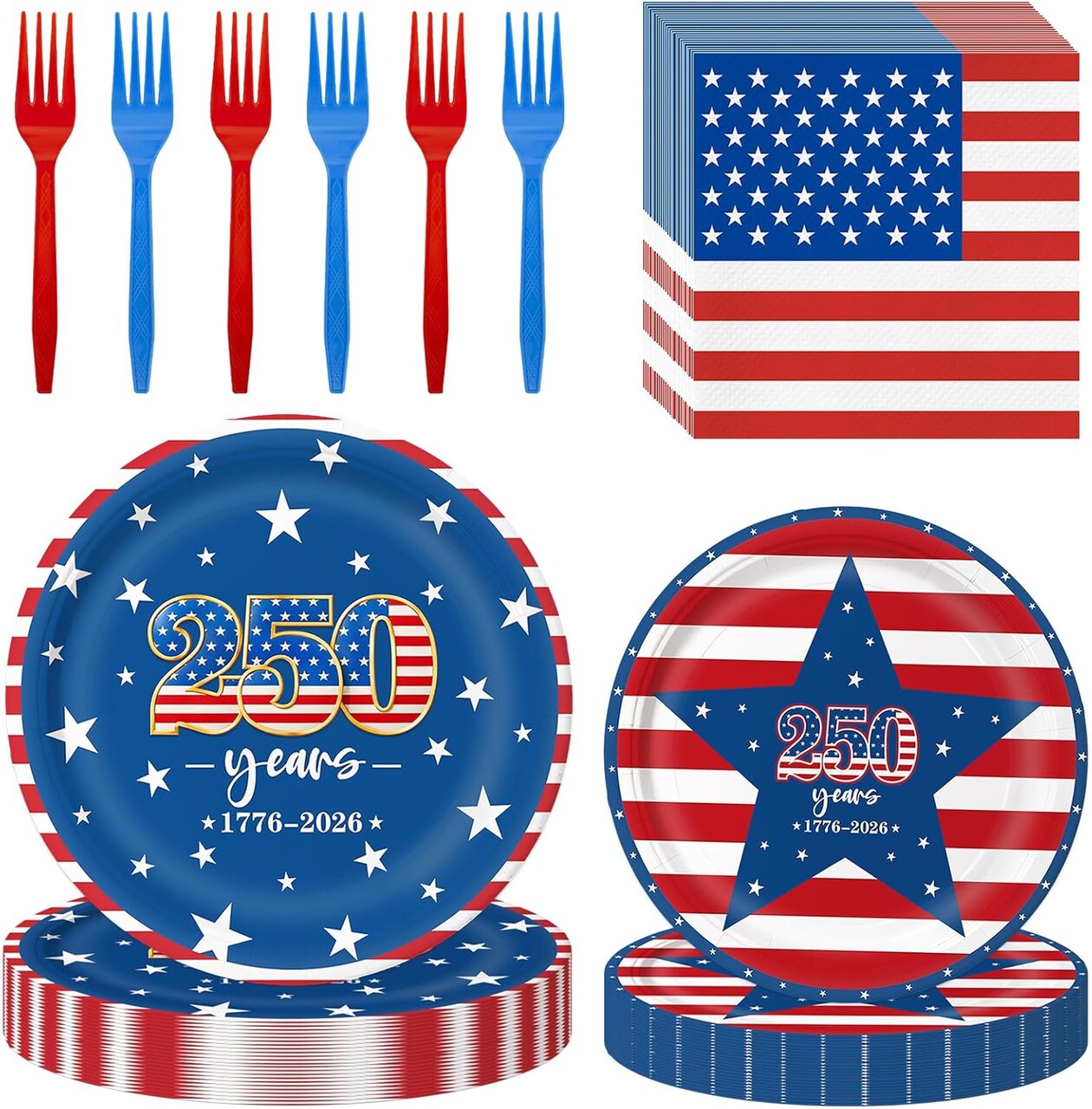 96PCS 4th of July 250th Anniversary Patriotic Tableware Set for 24 Guests – Disposable Plates, Napkins & Color Forks for Independence Day, Memorial Day & BBQ Parties